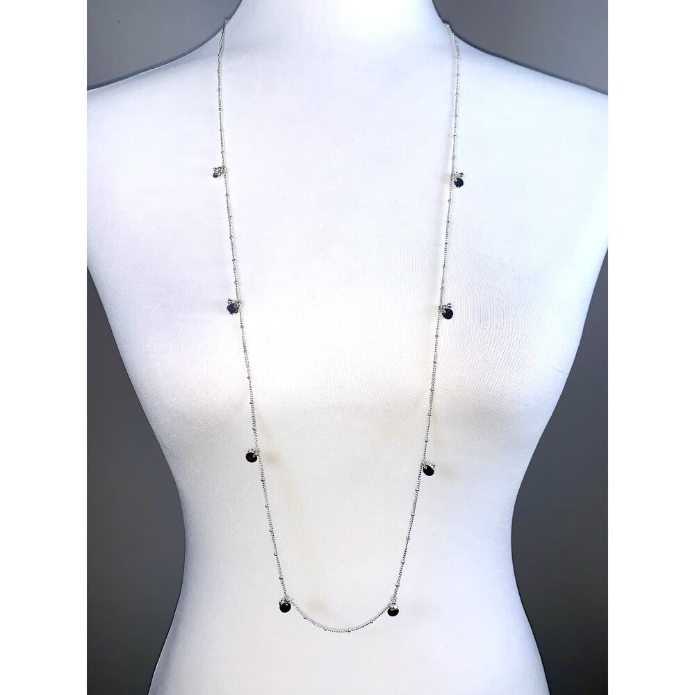 Dainty Silver Tone Disc Small Crystals Long Station Necklace